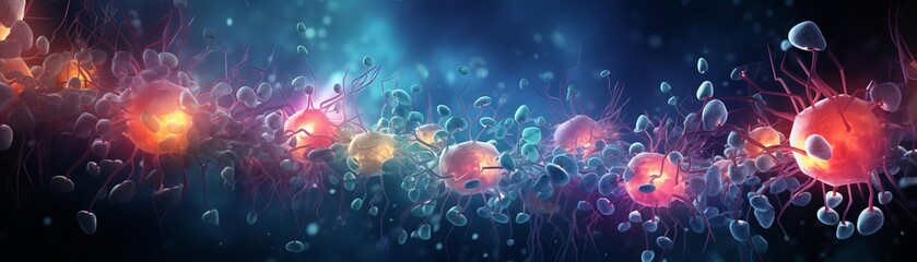 Artistic representation of lymphocytes engaging with cancer cells, using vibrant contrasts to depict the immune fight against tumors