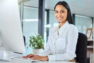 Smile, computer and portrait of woman in office for policy review, digital schedule and pride in...