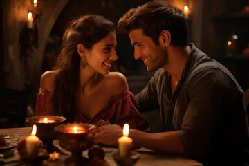 A couple sitting together at a dining table with a warm atmosphere Fictional Character Created By Generative AI. 