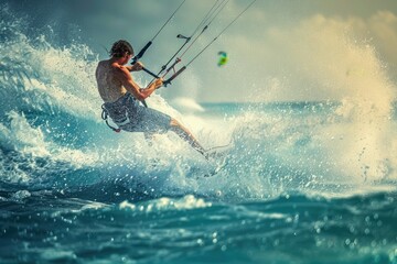 Dynamic shot of a kite surfer in action,  kitesurfing athlete performing a trick in the air