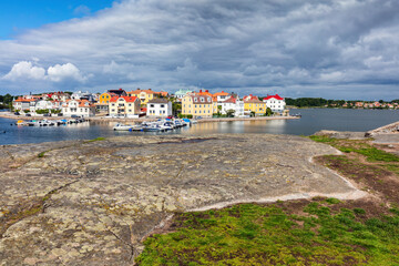 View on Karlskrona houses on Baltic sea coast, Sweden from Stakholmen island