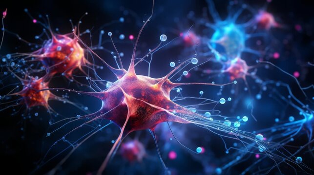 Closeup image of glial cells interacting with neurons, showing support and insulation functions, with educational annotations