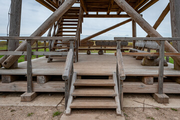 Interior view of a wooden observation tower in Burtnieku Lake, Latvia. Lake Burtnieks is the fourth largest lake in Latvia.