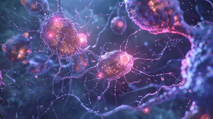Experience a captivating 3D visualization of viruses fiercely targeting nerve cells in a vivid portrayal correlating to Neurologic Diseases tumors and brain surgery