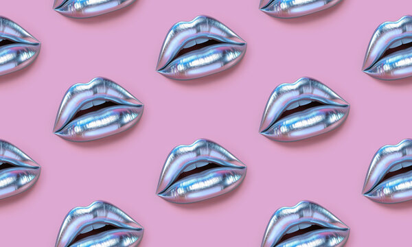 Seamless pattern of 3d holographic silver  lips on pink background. Fashion illustration. Creative and trendy concept. 3d style print