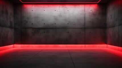 A dark, concrete room with red neon lights on the floor and ceiling.