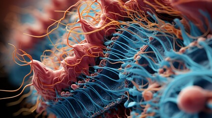 Closeup view of auditory hair cells, highlighting the delicate structures responsible for hearing, with educational annotations