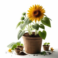 Obraz premium sunflower seedling in peat pot on white background, generative ai