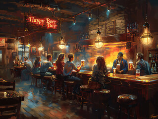  International Beer Day  vector illustration, a celebration of brews worldwide.