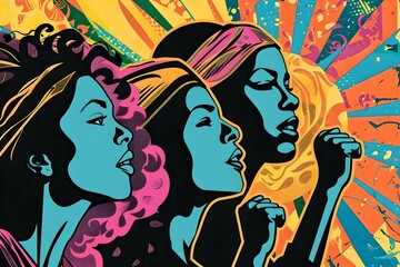 Womens empowerment, Vibrant pop art depiction of three women singing, expressed in a dynamic, colorful style with a retro flair.