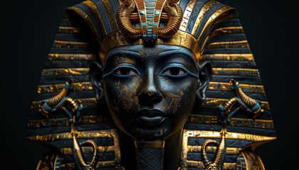 Design a captivating frontal illustration of an Ancient Egyptian pharaohs elaborate headdress adorned with shimmering jewels and hieroglyphic inscriptions Emphasize exquisite detai
