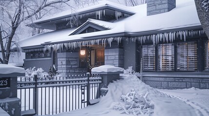 Cold winter morning at a craftsman house, snow and icicles accumulating around the rod gate.