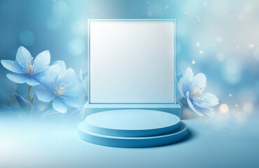 empty display platform mockup, background for product presentation with elegant blue flowers