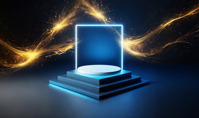 blue empty display platform mockup, background for product presentation with dynamic gold wave