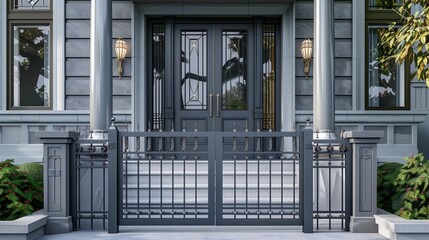 Slate grey craftsman house with a detailed rod gate and grills, crafting a welcoming entrance.