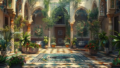 Obraz premium Design a striking oil painting showcasing the opulence of a Persian Empire courtyard through a worms-eye viewpoint Emphasize the play of light and shadow on intricately patterned t
