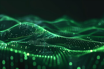 Abstract waves of glowing digital lines, dynamic network system.