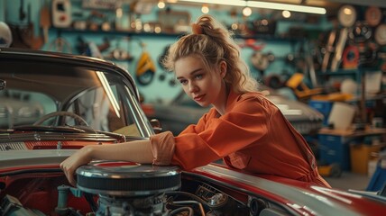 This image shows a skilled woman engaging with advanced diagnostic tools to repair a hybrid car engine, highlighting her expertise and interaction with cutting-edge technology. - Powered by Adobe