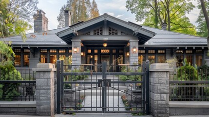 Architectural detailing of the rod gate and grills complements the classic style of this slate grey craftsman house.
