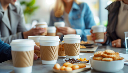 of workmates enjoying a casual coffee break together, with cups and snacks on the table, highlighting a relaxed moment during a busy day, Business, workmates, office, cafeteria, wi