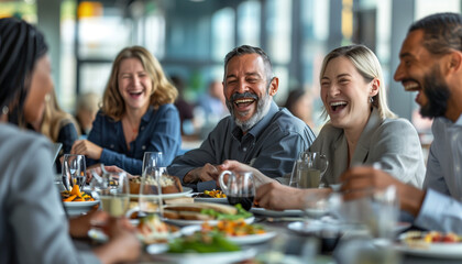 Obraz premium showing a diverse group of workmates laughing and sharing stories over lunch in the bright, modern office cafeteria, Business, workmates, office, cafeteria, with copy space
