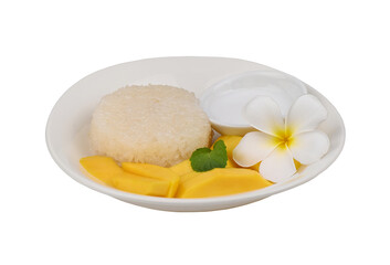 Thai style tropical dessert, sticky rice eat with mangoes on transparent png