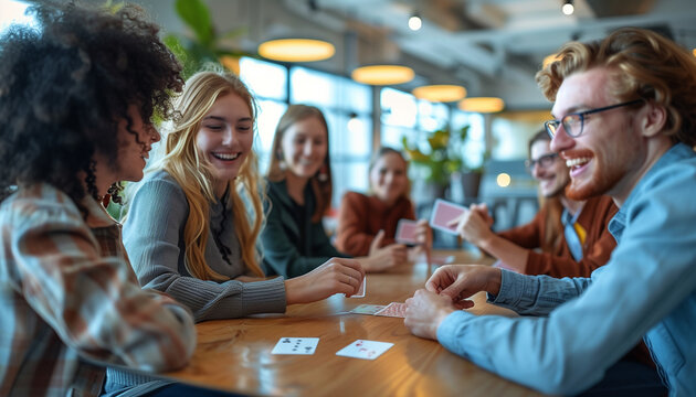 showing a laid-back lunch break with colleagues playing a quick card game at the cafeteria table, adding fun to the workday, Business, workmates, office, cafeteria, with copy space