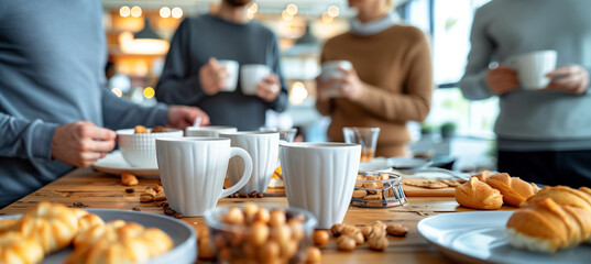 of workmates enjoying a casual coffee break together, with cups and snacks on the table, highlighting a relaxed moment during a busy day, Business, workmates, office, cafeteria, wi