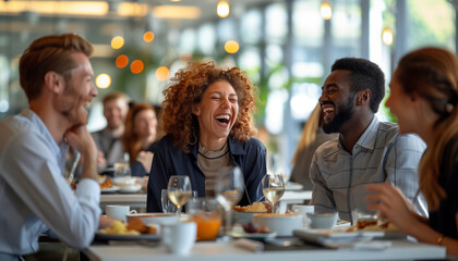 showing a diverse group of workmates laughing and sharing stories over lunch in the bright, modern office cafeteria, Business, workmates, office, cafeteria, with copy space