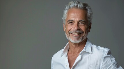 Fototapeta premium Stylish senior man with grey hair, clad in a crisp white shirt, smiling confidently at the camera against a sleek grey background