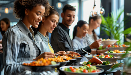 of a multicultural group of colleagues sharing dishes from different cuisines during a themed lunch at work, celebrating diversity, Business, workmates, office, cafeteria, with cop