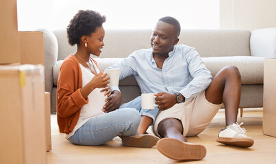 African, couple and boxes with tea in lounge for moving, house and relocation on couch in living...