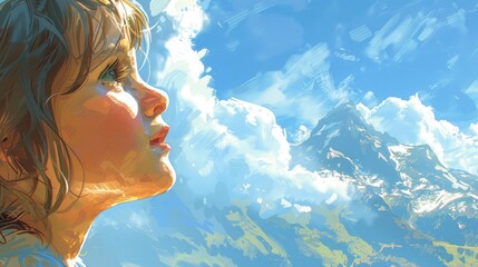 A young girl in contemplation, looking at a majestic mountain landscape under a clear blue sky. AIG50