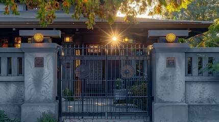 Sunlit mid-morning at a craftsman house, the light enhancing the grey walls and gate details.