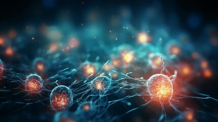 Fototapeta premium Conceptual image of glowing human cells viewed through a microscope, symbolizing advanced genetic research, with soft focus background