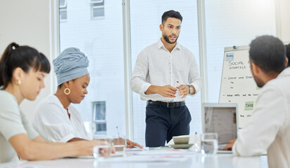 Whiteboard, modern office and presentation for business people with meeting, brainstorming and teamwork. Teaching, man and training workshop in agency with explain strategy, collaboration and talking