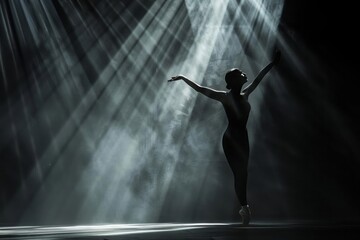A dancer on a dark stage, spotlighted in a beam of light, emphasizing the movement and the contrast between light and shadow