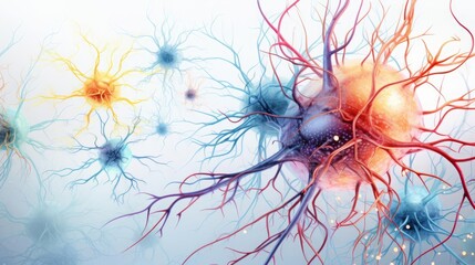 Detailed medical illustration of glial cells in the human nervous system, highlighting types like astrocytes and oligodendrocytes, isolated on white