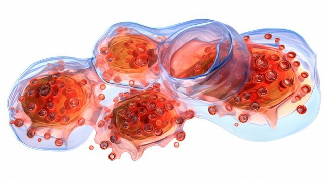 Detailed medical illustration of pancreatic islet cells, showing different types like alpha and beta cells, isolated on white background