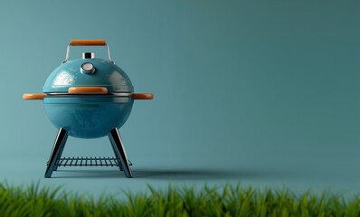 3d icon of a orange kettle bbq, flat icon style with blue pastel tones, summer time, bbq, backyard, barbecue, bar-b-q.