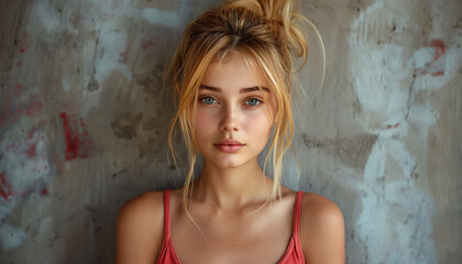 Fototapeta premium In this portrait, a close-up of a blonde girl is captured against a gray wall backdrop. The girl's features are highlighted, showcasing her expression, perhaps reflecting introspection, confidence