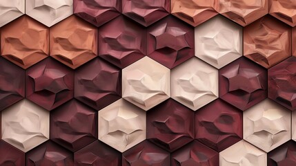 Modern wall design with hexagons and diamonds, textured in maroon and peach for a contemporary abstract look.