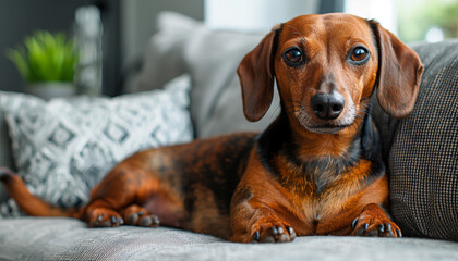 A charming Dachshund lounging leisurely on a gray-toned couch, captured in a serene interior setting, creating a beautiful photo moment