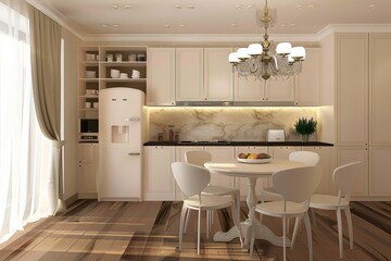 Kitchen design, modern minimalism, amber laminate flooring