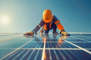 A worker skillfully installing solar panels on a rooftop outdoors with a clear blue sky in the background. The panels reflecting the sunlight, illustrating the transition to renewable energy sources.