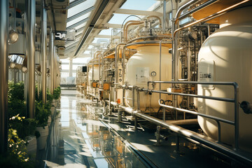 The process of milk production with a modern dairy factory scene.