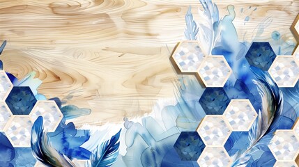 Ocean-themed watercolor mural on oak, feathers as waves through white lattice, hexagons in blue and beige.