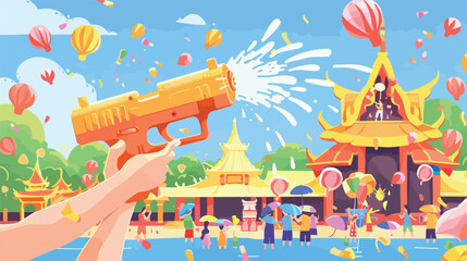 Songkran Festival with Water gun flat vector illustration