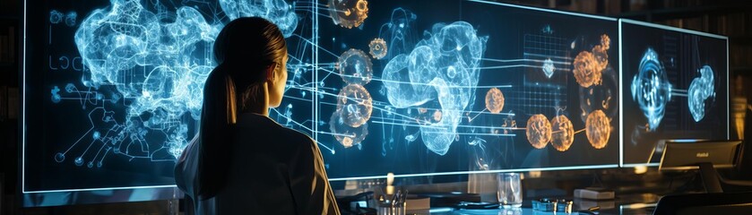 Innovative representation of human cells in 3D visualization on a computer monitor in a research facility, with a researcher analyzing the data