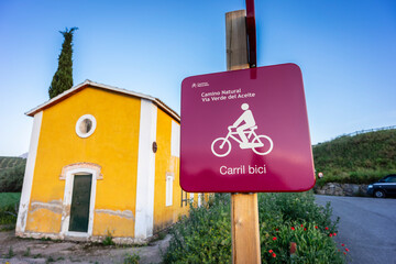 Cyclist information next to a small train station, Greenway of Oil Natural Trail, Alcaudete, Jaén...